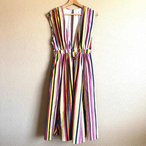 LPA NWOT Shirred Button Up Linen Dress Rainbow Strip Midi Boho Sleeveless Sz S - Picture 4 of 14